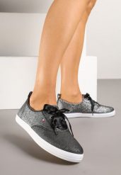 Czarne Tenisówki Brokatowe z Ozdobnymi Sznurowadłami Palmena. Czarne obuwie sportowe damskie Renee, bez zapięcia, tenisowe. Za 39.99 zł.