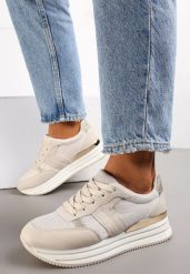 Beżowe Sneakersy na Grubej Podeszwie Ozdobione Brokatem Moneya. Brązowe obuwie sportowe damskie Renee, z jeansu, bez zapięcia. Za 99.99 zł.