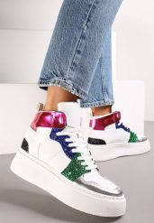 Biało-Niebieskie Sznurowane Sneakersy za Kostkę z Brokatem i Metalicznymi Wstawkami Sareena. Białe obuwie sportowe damskie Renee, za kostkę, bez zapięcia. Za 49.99 zł.