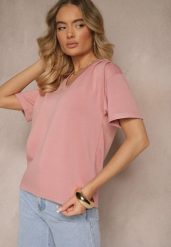 Różowy T-shirt z Dekoltem w Serek Fonellea. Czerwone t-shirty damskie Renee, m, bez wzorów, z jeansu, bez kołnierzyka. Za 39.99 zł.