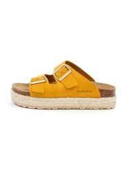 Billowy Skórzane klapki w kolorze żółtym rozmiar: 36. Żółte klapki damskie Billowy, bez wzorów, z otwartym noskiem, bez obcasa, na platformie, bez zapięcia. Za 195.99 zł.