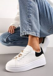 Biało-Czarne Sneakersy na Platformie z Metaliczną Wstawką Grevaja. Białe obuwie sportowe damskie Renee, z jeansu, bez zapięcia. Za 74.99 zł.