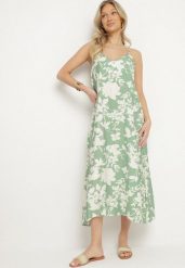 Zielono-Kremowa Rozkloszowana Sukienka z Wiskozą w Kwiatowy Wzór Juliade. Zielone sukienki damskie Born2be, bez wzorów, z wiskozy, eleganckie, bez ramiączek. Za 79.99 zł.