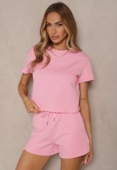 Różowy Bawełniany T-shirt o Fasonie Cropped Galionela. Czerwone t-shirty damskie Renee, l, bez wzorów, z bawełny, bez kołnierzyka. Za 54.99 zł.