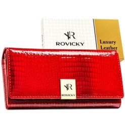 Lakierowany portfel damski ze skóry naturalnej w czerwonym kolorze zamykany na zatrzask RH-20A-1-RS Rovicky. Czerwone portfele damskie ROVICKY, bez wzorów, z lakierowanej skóry. Za 99.99 zł.