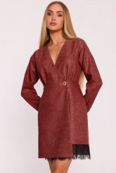 Elegancka sukienka tweedowa trapezowa kopertowa bordowa. Czerwone sukienki damskie MOE, bez wzorów, z dzianiny, biznesowe, bez ramiączek. Za 379.00 zł.
