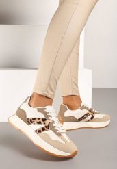 Beżowo-Białe Sneakersy na Płaskiej Podeszwie z Geometryczną Wstawką w Panterkę Sewla. Brązowe obuwie sportowe damskie Renee, z jeansu, bez zapięcia. Za 119.99 zł.