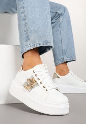 Biało-Złote Sneakersy na Platformie ze Złotym Owadem Glinntia. Białe obuwie sportowe damskie Born2be, bez zapięcia. Za 89.99 zł.