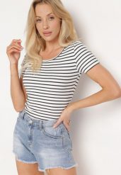 Biało-Granatowa Koszulka T-shirt z Bawełny z Krótkim Rękawem w Paski Ernlea. Białe bluzki damskie Born2be, l, bez wzorów, z bawełny, bez kołnierzyka. Za 59.99 zł.