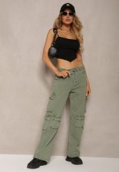 Zielone Spodnie Typu Bojówki z Bawełny High Waist z Kieszeniami Zefara. Zielone spodnie materiałowe damskie Renee, bez wzorów, z bawełny. Za 109.99 zł.