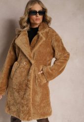 Ciemnobeżowy Płaszcz Typu Teddy z Futerka z Kieszeniami Serenzi. Brązowe płaszcze damskie Renee, l, bez wzorów, z futra, bez kaptura. Za 189.99 zł.