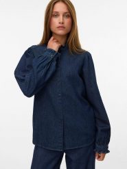 Vero Moda Bluzka dżinsowa w kolorze granatowym rozmiar: L. Niebieskie bluzki damskie Vero Moda, l, bez wzorów, z bawełny, bez kołnierzyka, bez ramiączek. Za 113.99 zł.