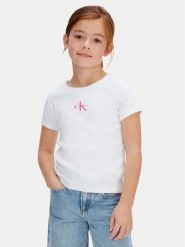 Calvin Klein Jeans T-Shirt Monologo LVCKSJB11G Biały Regular Fit. Białe koszulki i t-shirty dziewczęce Calvin Klein Jeans, bez wzorów, z bawełny, bez kołnierzyka, bez ramiączek. Za 129.99 zł.