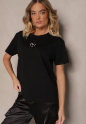 Czarna Bawełniana Bluzka z Motywem Serca Nalithra. Czarne bluzki damskie Renee, m, bez wzorów, z bawełny, eleganckie, bez kołnierzyka, bez ramiączek. Za 34.99 zł.