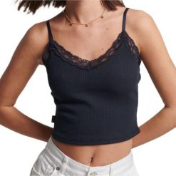 Koszulka turystyczna damska Superdry Vintage Rib Lave Top. Niebieskie koszulki damskie Superdry, bez wzorów, z bawełny, bez kołnierzyka, bez ramiączek. Za 77.05 zł.