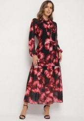 Czerwono-Czarna Pudełkowa Sukienka w Kwiaty z Paskiem Nifle. Czarne sukienki damskie Born2be, bez wzorów, biznesowe, bez ramiączek. Za 129.99 zł.