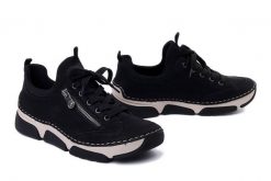 RIEKER 45973-00 black, półbuty damskie. Czarne półbuty damskie Rieker, bez wzorów, bez obcasa, bez zapięcia. Za 359.90 zł.