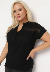 Czarna Bawełniana Bluzka z Guzikami i Ozdobną Siateczką Doriale. Czarne bluzki damskie Born2be, l, bez wzorów, z bawełny, klasyczne, bez kołnierzyka, bez ramiączek. Za 59.99 zł.