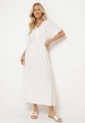 Biała Rozkloszowana Sukienka Maxi z Gumką i Sznurkiem w Talii z Wiskozy Baneta. Białe sukienki damskie Born2be, bez wzorów, z wiskozy, bez ramiączek. Za 89.99 zł.