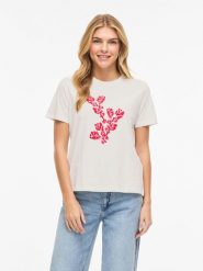 Vila Koszulka "Visybilla" w kolorze biało-czerwonym rozmiar: L. Białe bluzki damskie Vila, l, bez wzorów, z bawełny, bez kołnierzyka, bez ramiączek. Za 60.99 zł.