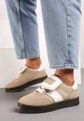 Ciemnobeżowe Sneakersy na Grubej Podeszwie z Kontrastującymi Wstawkami i Wywiniętym Językiem Mirinae. Brązowe obuwie sportowe damskie Born2be, z jeansu, bez zapięcia, trekkingowe. Za 39.99 zł.