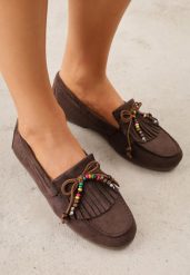 Ciemnibrązowe Mokasyny VICES z Wkładką ze Skóry Naturalnej i Ozdobnymi Koralikami Neni. Brązowe mokasyny damskie Born2be, z jeansu, bez obcasa. Za 89.99 zł.