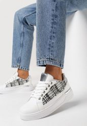 Biało-Szare Sneakersy z Tweedową Wstawką Ecafa. Białe obuwie sportowe damskie Born2be, przed kostkę, bez zapięcia. Za 79.99 zł.