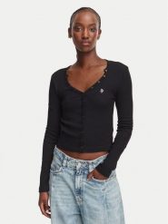 Guess Jeans Bluzka W6YP03 K3647 Czarny Slim Fit. Czarne bluzki damskie Guess Jeans, m, z aplikacjami, z bawełny, bez kołnierzyka, bez ramiączek. Za 219.99 zł.