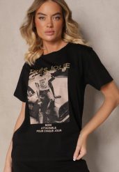 Czarny Bawełniany T-shirt z Brokatem i Nadrukiem Nalamis. Czarne t-shirty damskie Renee, m, z aplikacjami, z bawełny, bez kołnierzyka. Za 34.99 zł.