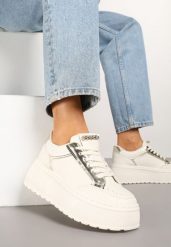 Beżowe Sneakersy na Platformie Ozdobione Przeszyciami Tatoretia. Brązowe obuwie sportowe damskie Renee, z jeansu, bez zapięcia. Za 99.99 zł.