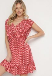 Czerwona Rozkloszowana Sukienka z Bawełny w Kwiaty z Guzikami Ronelle. Czerwone sukienki damskie Born2be, bez wzorów, z bawełny, eleganckie, bez ramiączek. Za 69.99 zł.