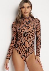 Beżowe Welurowe Body z Półgolfem w Ornamentalny Wzór Mackkes. Brązowe body i gorsety Born2be, bez wzorów, z materiału. Za 99.99 zł.