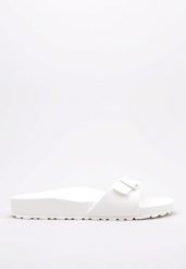 Klapki damskie Birkenstock Eva Madrid. Białe klapki damskie Birkenstock, bez wzorów, z materiału, bez obcasa, bez zapięcia. Za 275.00 zł.