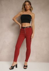 Bordowe Spodnie Skinny Winvienne. Czerwone rurki damskie Renee, w ażurowe wzory, z jeansu, z podwyższonym stanem. Za 69.99 zł.