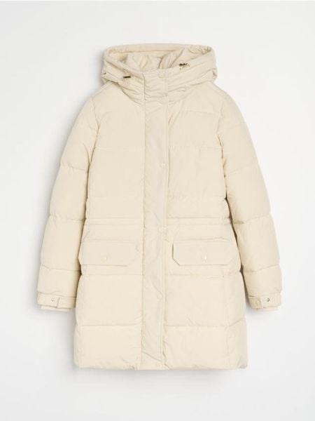 Pikowana kurtka puffer z kapturem - kremowy. Białe kurtki damskie Sinsay, l, bez wzorów, z kapturem. Za 129.99 zł.
