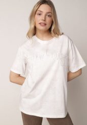 Biały Bawełniany T-shirt Oversize z Haftowanym Napisem z Cekinami Aewai. Białe t-shirty damskie Born2be, m, bez wzorów, z bawełny, bez kołnierzyka. Za 59.99 zł.