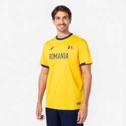 Koszulka piłkarska Rumunia dla kibiców. Brązowe bluzki damskie KIPSTA, s, bez wzorów, z materiału, sportowe, bez kołnierzyka, bez ramiączek. Za 44.99 zł.