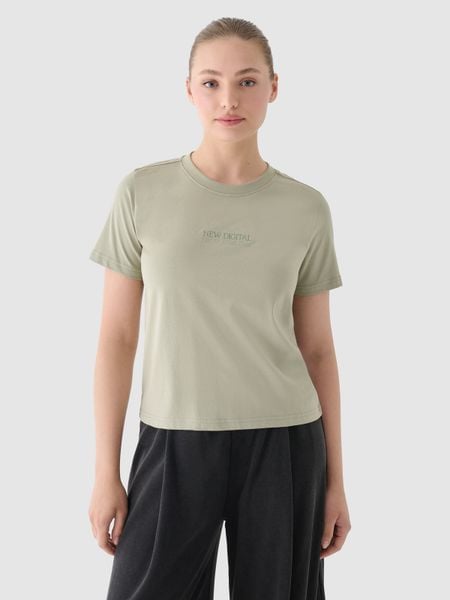 4F T-shirt regular z nadrukiem damski - oliwkowy/khaki XS. Brązowe t-shirty damskie 4F, xs, bez wzorów, z bawełny, bez kołnierzyka. W wyprzedaży za 29.99 zł.