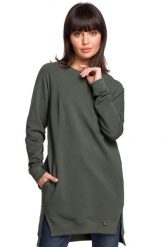 Zielona Długa Nierozpinana Bluza z Rozporkami. Zielone bluzy damskie MOE, l, bez wzorów, z bawełny, bez kaptura. Za 249.90 zł.