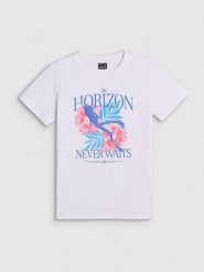 4F T-shirt regular z nadrukiem damski - biały XS. Białe t-shirty damskie 4F, xs, bez wzorów, z bawełny, bez kołnierzyka. Za 59.99 zł.