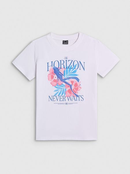 4F T-shirt regular z nadrukiem damski - biały M. Białe t-shirty damskie 4F, m, bez wzorów, z bawełny, bez kołnierzyka. W wyprzedaży za 39.99 zł.