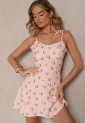 Różowa Sukienka na Cienkich Wiązanych Ramiączkach w Cytrynowy Print Efrinira. Czerwone sukienki damskie Renee, bez wzorów, eleganckie, bez ramiączek. W wyprzedaży za 63.99 zł.