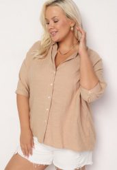 Beżowa Koszula Bawełniana z Krótkim Rękawem i Kołnierzem Talavia. Brązowe koszule damskie Born2be, plus size, bez wzorów, z bawełny, eleganckie, bez kołnierzyka, plus size, bez ramiączek. Za 79.99 zł.