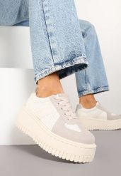 Beżowe Sneakersy Typu Tenisówki na Platformie Zdobione Perforacją Nerilsa. Brązowe obuwie sportowe damskie Born2be, z jeansu, bez zapięcia, tenisowe. Za 84.99 zł.