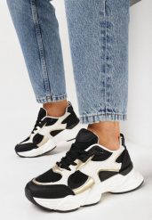 Biało-Czarne Sneakersy na Grubej Podeszwie z Siateczką i Metalicznymi Wstawkami Terlimi. Czarne obuwie sportowe damskie Born2be, bez zapięcia. Za 99.99 zł.