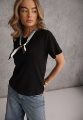 Czarny Bawełniany T-shirt Hillswor Ozdobiony Apaszką. Czarne t-shirty damskie Renee, l, bez wzorów, z bawełny, bez kołnierzyka. Za 69.99 zł.