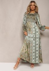 Zielona Sukienka Maxi Boho z Bufiastym Rękawem i Rozkloszowanym Dołem Veltiana. Zielone sukienki damskie Renee, bez wzorów, z materiału, boho, bez ramiączek. W wyprzedaży za 119.99 zł.