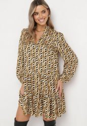 Beżowa Rozkloszowana Sukienka Mini z Falbanką Naike. Brązowe sukienki damskie Born2be, z aplikacjami, z tkaniny, bez ramiączek. W wyprzedaży za 110.49 zł.