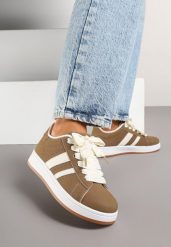 Jasnobrązowe Sneakersy z Ozdobnymi Naszywkami z Boku Galdexis. Brązowe obuwie sportowe damskie Born2be, z jeansu, bez zapięcia. Za 79.99 zł.