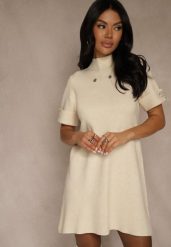 Jasnobeżowa Sukienka Sweterkowa o Trapezowym Kroju z Perełkami Liatusea. Brązowe sukienki damskie Renee, bez wzorów, z dzianiny, bez ramiączek. Za 79.99 zł.